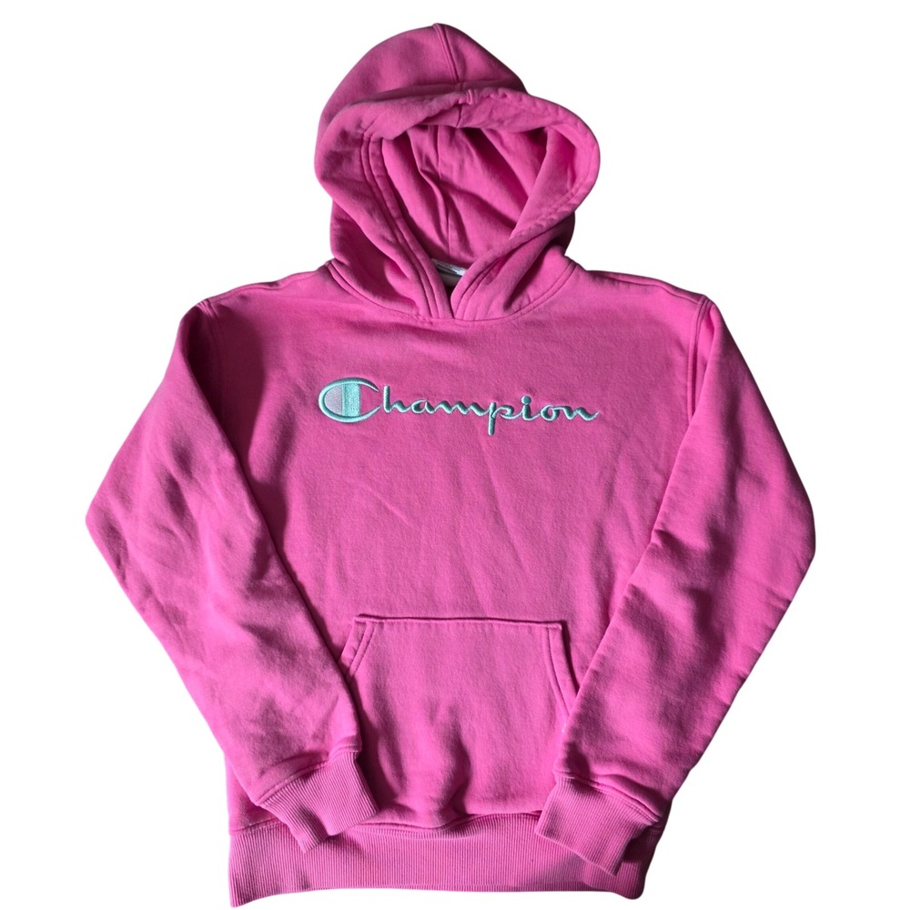 Champion Girls Pink Hoodie Script Logo Fleece Pullover Sweatshirt Size M 10/12